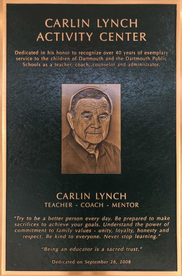The plaque dedicating the DHS Athletic Center in Carlin Lynchs name.