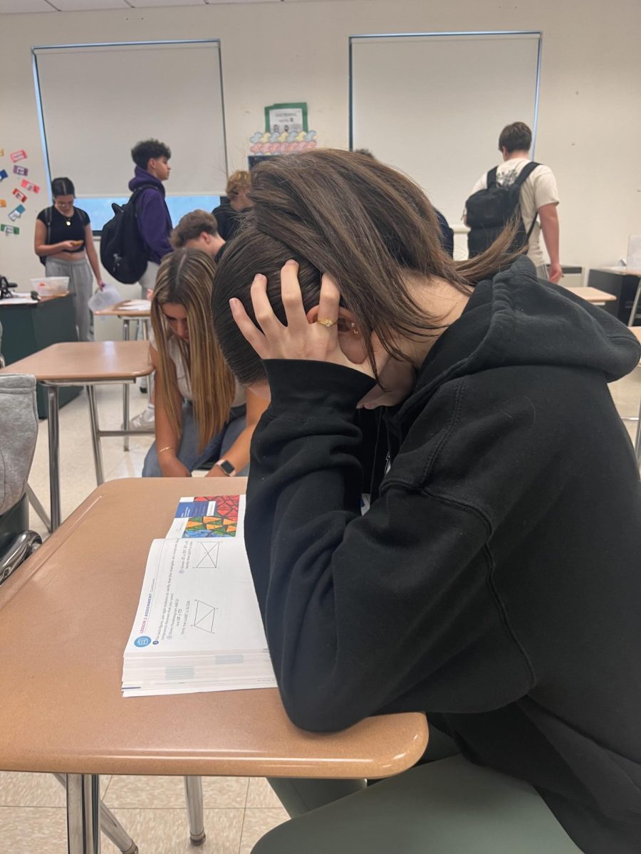 A DHS student anguishes over a Carnegie workbook in geometry class.