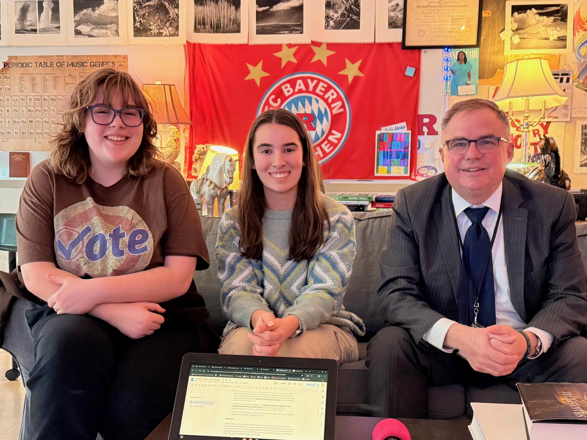 Spectrum writer Molly Bell, Editor-in-Chief Annica Dupre, and MA State Representative Christopher Markey.